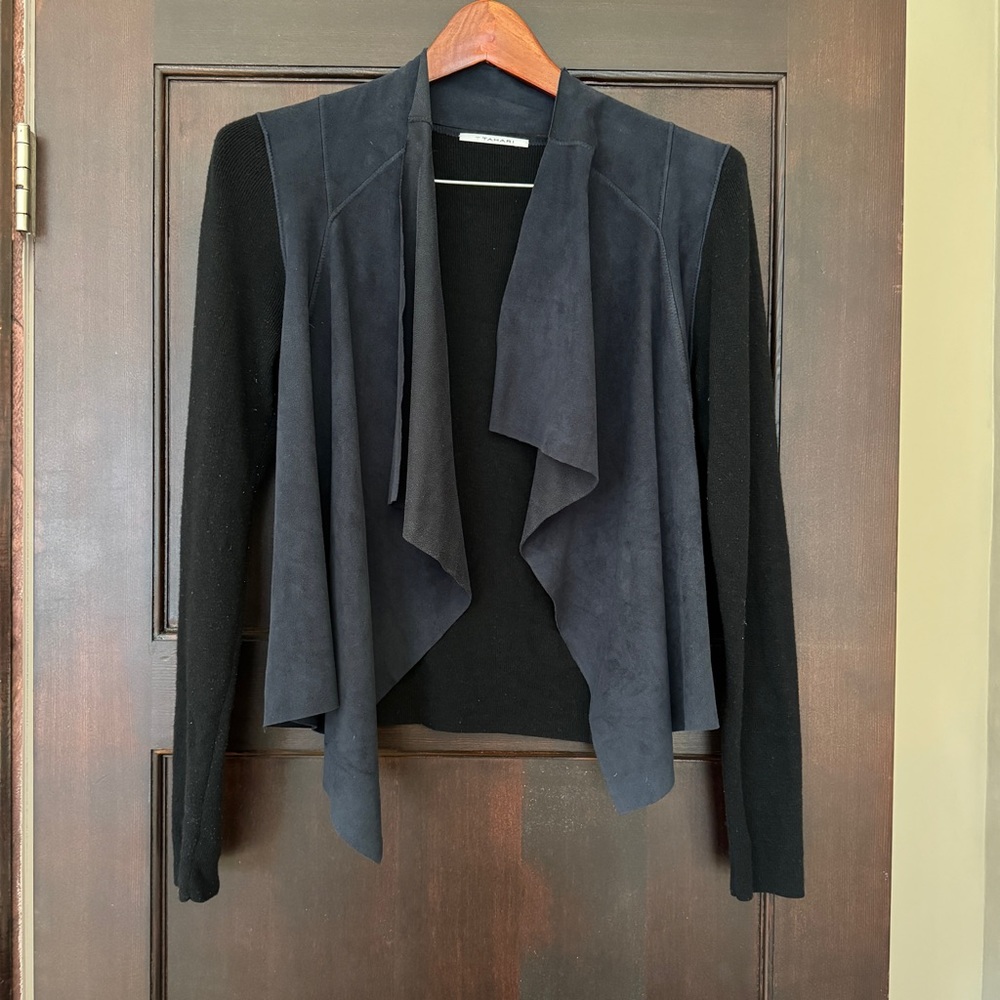 T Tahari Knit and Suede-look draped cardigan - M